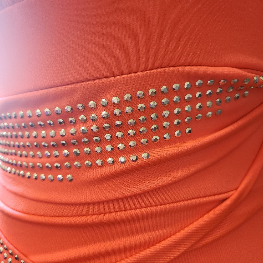 Y2K Vintage Deb Strapless Ruched NEON Orange Mini Dress Rhinestones S Party - Picture 8 of 16